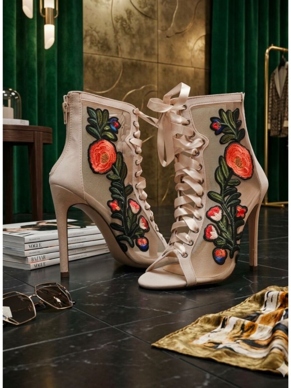 Floral Embroidered Mesh Lace-Up Stiletto Heels With Back Zipper - Picture 5 of 13
